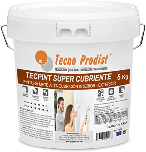 TECPINT SÚPER CUBRIENTE de Tecno Prodist - 5 Kg (BLANCO) Pintura para Exterior e Interior al Agua – Cubrición extra, acabado blanco Alaska - Lavable – Sin olor, no salpica - Fácil Aplicación
