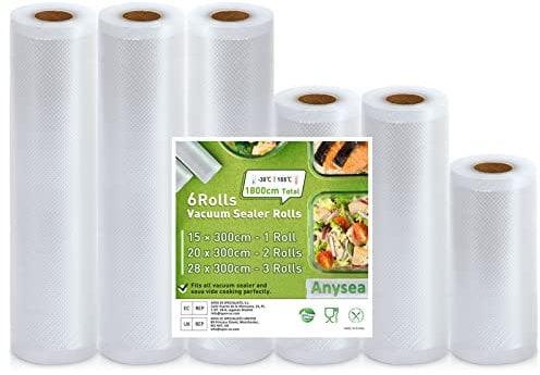 Anysea Vakuumierbeutel Vakuumierfolie Vakuumbeutel Lebensmittel Vakumierfolienrollen: Sous Vide Beutel Folienrollen für Folienschweißgerät Vakuumierer, BPA frei 15x1/20x2/28x3/300cm 6 Rollen Folien
