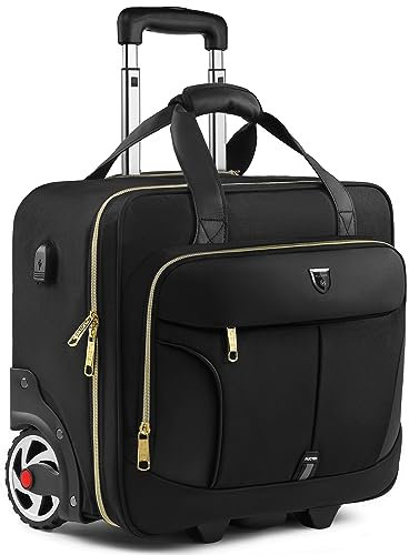 RUCYEN Rolling Laptop Bag,Rolling Briefcase for Men & Women,Laptop Briefcase on Wheels,Carry On Bag for Business Travel, Black+Gold Zipper, 15.6, Work