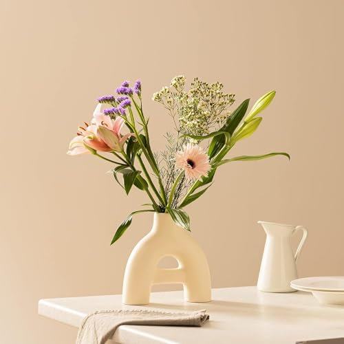 Navaris Deko Vase modern beige - Wohnzimmer Blumenvase - Pampasgras Donut Vase - für Fensterbank Sideboard Kommode - Trockenblumen Home Decor