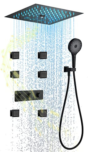 SHUGUANG 12 Inch Luxury LED Shower System, Bluetooth Control Smart Music Thermostatic Rain Shower Set with 6 Massage Body Sprays Combo Set