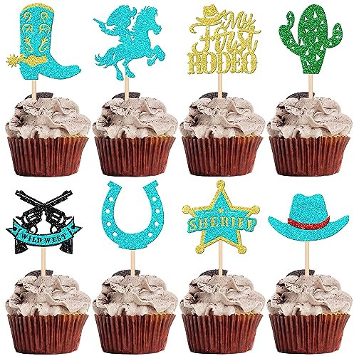 Rsstarxi 24 Pack Western Cupcake Toppers Glitter Cowboy Hats Boots Gun Cupcake Picks Decorations for Western Theme Cowboy Baby Shower Boys Birthday Party Cake Decorations