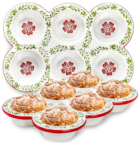 Hiceeden 2 Pack Ceramic Muffin Pans, 6 Cup Non-Stick Muffin Tin Cupcake Pan, Floral Baking Pans with Red Rim for Puddings, Muffins, Cakes, Quiches, Brownies