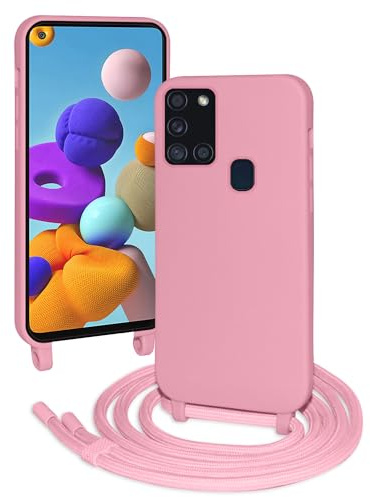 FERLAN handyband Hülle für Samsung Galaxy A21s mit Band, HandyHülle mit Kordel, Weich Silikon TPU Stoßfest Bumper mit Kette zum Umhängen für Samsung Galaxy A21s, Handy Lanyard - Rosa