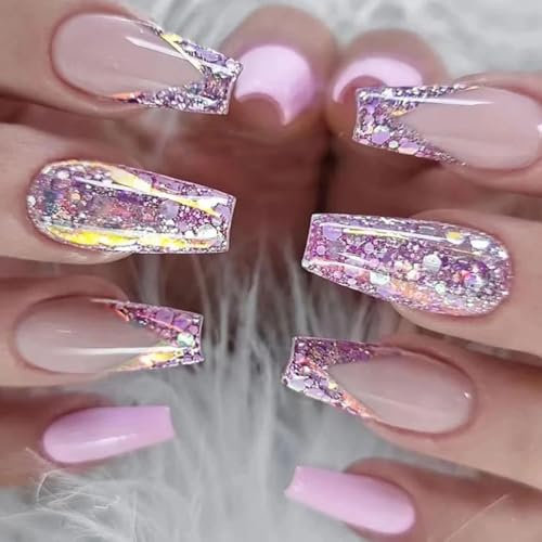 Ceboic French False Nails, 24Pcs Full Cover Acrylic Fake Nails, Medium Length Coffin Press on Nails, Glossy Gradient Stick on Nail with Jelly Glue for Women and Girls - Purple Glitter