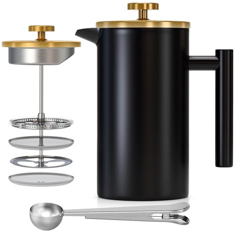 Enfmay French Press Kaffeebereiter 1 Liter, Edelstahl Kaffeepresse, Tragbare Cafetière mit Filter, Doppelwandige isolierte French Press, Kaffeezubereiter für Reisen Camping inkl Löffel, Schwarz