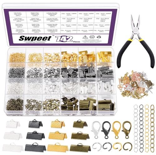 Swpeet 771Pcs Band Armband mit Zange Werkzeug Kit, Lesezeichen Pinch Crimp Enden Hummer Verschlüsse mit Sprungringen und Kette Extender für DIY Herstellung Lesezeichen Pinch Armband Halskette