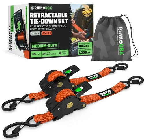 Rhino USA Selbstaufrollende Spanngurte (2er-Pack) - 2.5cm x 3m (540kg Bruchfestigkeit) - Hochleistungs-Automatik-Spanngurte für LKW, Anhänger, Motorrad, Fahrrad & Mehr - Orange