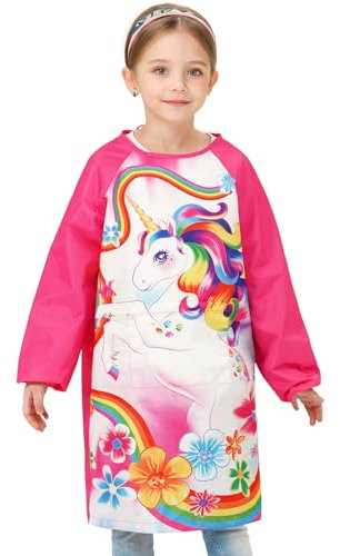 WERNNSAI Einhorn Kinder Kunst Kittel - Wasserdichte Schürze Mit Langen Ärmeln Und Tasche für Künstler Malerei - Alter 4-7 8-12 Jahre