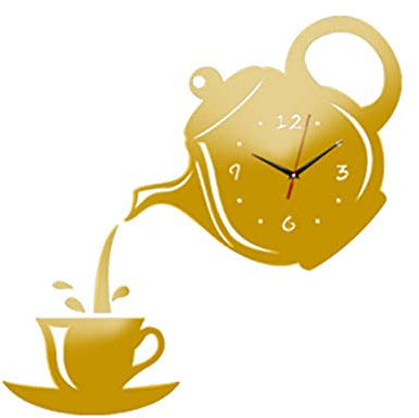 VALINK Teapot & Cup Wall Clocks,DIY Acrylic Stickers Wall Clock,Kitchen, Teapot Silent Wall Clocks For Living Room Gold