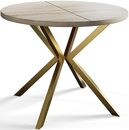 AlpiMeble Esszimmertisch Ausziehbarer 120-200cm, Beige, Goldene Metallbeine | Runder Tish Loft Liten, Wohnzimmertisch, Küchentisch und Esszimmertisch