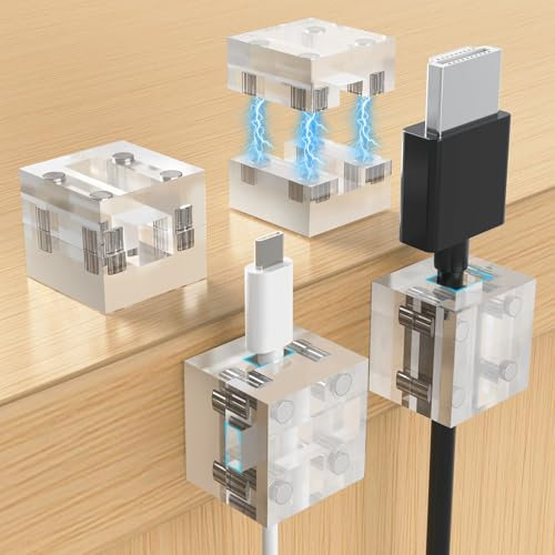 NiHome Clear Acrylic Magnetic Cable Clips 4PCS for Phone Chargers, USB, HDMI, Power Cords - Strong Magnetic Adjustable Slots for Thin Cables, Residue-Free Acrylic Adhesive for Wood, Glass, Tile, Steel