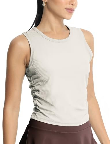 icyzone Damen Sport Tank Top Gerippt Gym Fitness Shirt Ärmellos Sommer Yoga Top (Bone, S)