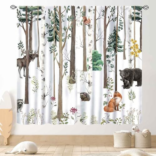 Woodland Vorhänge für Kinderzimmer, rustikale Waldtiere, Aquarell, wilde Safari-Tiere, Bär, Fuchs, Hirsch, Hütte, Verdunkelungsvorhänge, für Kinderzimmer, Babyzimmer, Schlafzimmer, Wohnzimmer, 2
