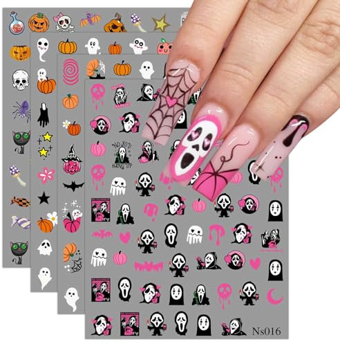 JMEOWIO 3D Embossed Halloween Nail Art Stickers Decals Self-Adhesive 5D Pink Pumpkin Nail Supplies Nail Art Design Decoration Accessories 4 Sheets