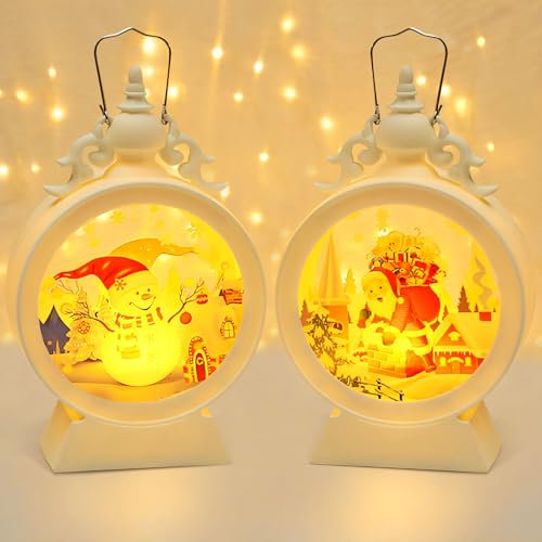 2 Stück Weihnachtsdeko Laterne Weihnachtslaterne mit Warmweißes LED Licht, Höhe 15,5cm Windlicht Weihnachten Deko Beleuchtete Weihnachtsdeko, Batteriebetrieben Weihnachtsdekoration innen (Weiß)