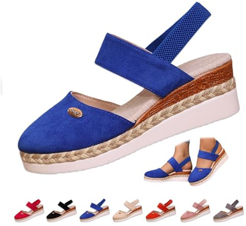 YHTRFDMSG Sandalias de plataforma con correa elástica en el tobillo para mujer, alpargatas, sandalias de cuña con puntera cerrada, zapatos elegantes sin cordones (43EU, azul)