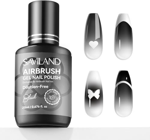 SAVILAND Plus Airbrush Gel Nail Polish No Dilution Required: 20 ml Black Nail Polish Gel for Airbrush Low Odor No Clogging Airbrush Paint for Nails Ombre Gradients Stencils Pattern French Nail Art