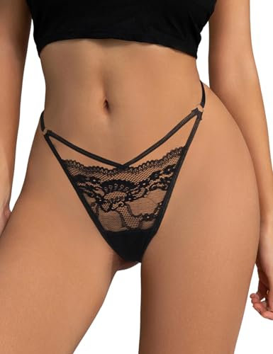 ohyeahlady Sexy String Tanga Damen L Micro Thong Höschen Mini Hipster Spitze Durchsichtig Curvy Unterwäsche Große Größen T-Back Slip für Mollige Frauen Unterhosen Panty Schwarz,L