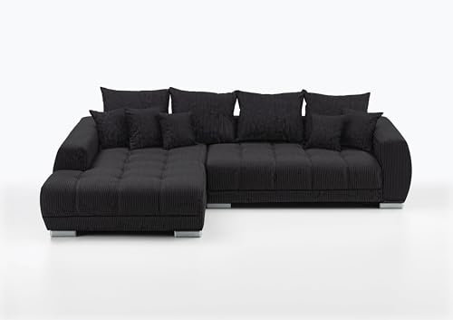 möbelando Wohnlandschaft >Amelie< 9 Kissen, Waffelsteppung, weicher Cord grau - 300x86x215cm (BxHxT)