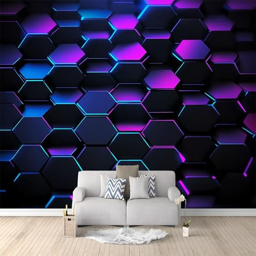 Violet Bleu Néon Hexagones Géométriques Papier peint intissé Violet Tissu non tissé Tableaux Muraux Tapisserie Photo Décoration Murale Salon Chambre 200x140 cm