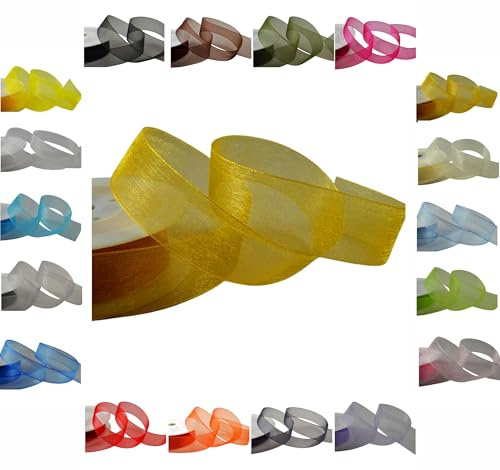 50m / 25m Roll Luxury Organza Woven Edge Ribbon Reel Rolls 3mm, 9mm, 15mm, 25mm, 40mm (Gold, 15mm - 25 Metres)