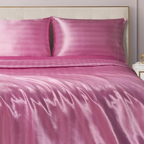 Juicy Couture Seidiges Satin-Damast-Bettwäsche-Set, luxuriöse rosa Bettwäsche, glatt gestreift, volle Größe