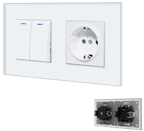 BSEED Lichtschalter mit Steckdose 2 Fach 1 Weg, Lichtschalter Glas Schuko Steckdose Unterputz mit Steckklemme, Taster Schalter Unterputz mit LED Kontrollleuchte, Weiß