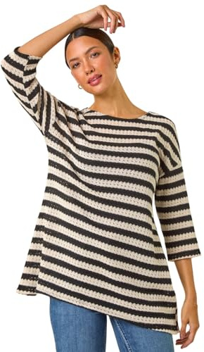 Roman Originals Crochet Knit Tunic Stretch Top for Women UK - Ladies Everyday Autumn Winter Slash Neckline Comfy Soft Evening Vacation Work Party Night Out - Noir - Size 10