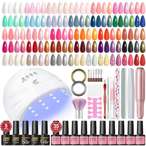 PEACECOLOR 35 Couleurs Kit Ongle Gel UV Complet avec Lampe, Kit Vernis Semi Permanent avec Base Top Coat Brillant Mat et Glitter, Ponceuse pour Ongles, Kit Manucure pour Débutant