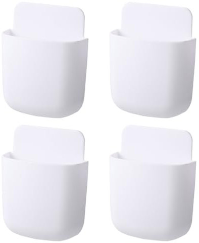 DCJWQ 4 Pcs Remote Control Holder Wall Mounted, Wall-Mounted Remote Control Storage Box, Self-Adhesive Mounted Sundries Organizer Hanging Container Phone Charging Rack Holder for Storining (White)
