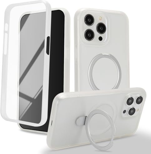 Zouzt for iPhone 15 Pro Max Matte Case and Screen Protector 15 Pro Max Case with Glass Screen Protector 360 Full Body Protective Shockproof Frosted Stand Phone Case, Anti-Fingerprint - White