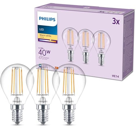Philips Ampoules LED classiques P45, 40 W, Verre transparent, Culot E14, Blanc chaud 2700 K, Pack de 3