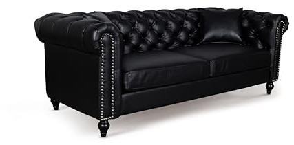 Black PU Leather Chesterfield Sofa 3 Seater 210 Cm with Accent Cushions for Lounge Living Room Office Gentlemen’s Club – Durable Fabric , Comfortable Cushions Solid Wood Frame , Buttons & Studs