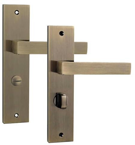 Decoranddecor Lumina Bathroom Thumb-Turn Lever Door Set in Antique Brass Aluminium for Internal Door Handles with Backplate, Fusing Art Deco Elements and Contemporary Appeal for Modern Homes