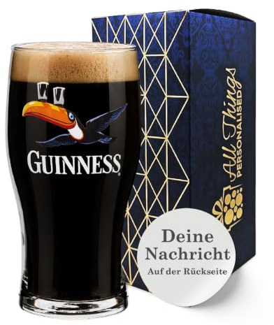 All Things Personalised Personalisierbares Guinness Glas, Tukan Design - Pintglas mit Gravur - Name & Nachricht - Geschenk für Guinness Fans, Bierliebhaber, Vatertag - inkl. Geschenkbox, 0,5L (570ml)