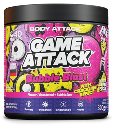GAME ATTACK Gaming Booster Bubble Blast 300 g Energy Drink Pulver | Bubble Blast, 300 g für 40 Portionen, Energy Drink Pulver für Fokus und Energie, 17 kcal, 18 Zutaten, Made in Germany