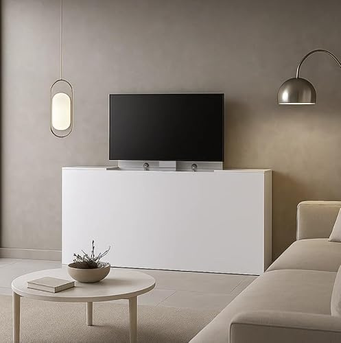 SAMPUR Console TV motorisée Bois Clair ou Blanc laqué – Meuble TV escamotable avec télécommande sans Fil – Design Moderne et encastrable – Meuble 2-en-1 TV/Console décorative (Blanc)