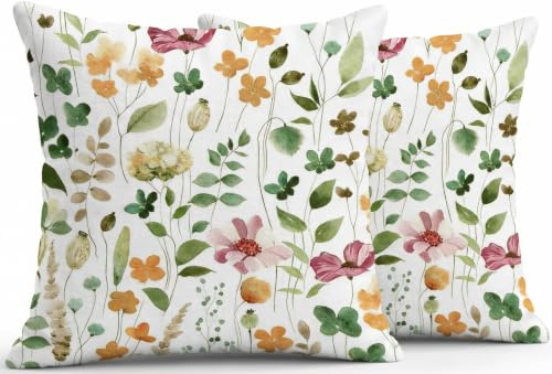 Wasserdichte Kissenbezüge 45x45 Outdoor, 2er Set Kissenbezug Blumen Kräuter Design, Doppelseitig bedruckt,Garten Balkon Kissen, Leinen-Polyester, Modern Dekokissen für Garten Sofa Couch Wohnzimmer