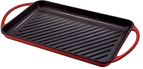 Jata GR33 - Plancha de Asar, Grill Hierro Fundido, Superficie Rayada, Apta para Todo Tipo Cocinas Incluida Inducción, Apta para Horno, 33 x 21,5, Roja