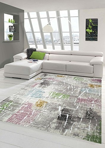Designer und Moderner Teppich Kurzflor Wohnzimmerteppich in Lila Beige Grün Blau Größe 80x150 cm