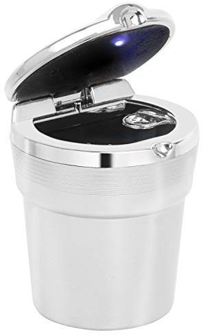 TRIXES Car Ash Tray with Lid – Portable Travel Auto Self-Extinguishing Cigarette Holder - Plastic - Silver Chrome