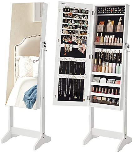 SONGMICS Jewelry Cabinet Armoire, Freestanding Lockable Storage Organizer Unit with 2 Plastic Cosmetic Storage, Full-Length Frameless Mirror, for Necklace Earring, White UJJC002W01