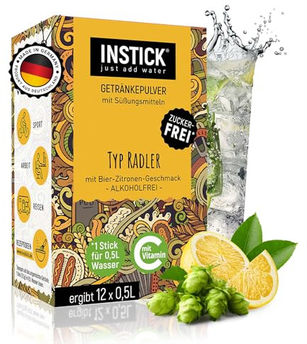 INSTICK Bevanda istantanea senza zucchero (Birra al limone) - 1 confezione per 12 x 0,5-1 L - Polvere per bevande vegane a basso contenuto calorico e vitamina C - Polvere istantanea