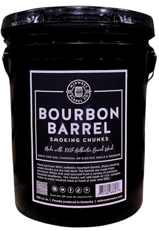 Midwest Barrel Co. 20lb Bucket of Bourbon Barrel BBQ Smoking Wood Chunks - Authentic American Oak Wood Chunks, Smokers & Grills, Slow Burning, for Beef, Pork, Poultry, Lamb, Veggies & Cheese