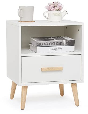 Mondeer Nachttisch, Nachtschrank mit 1 Schublade und 1 Offenem Fach, Holz Modern Nachtkommode mit Massivholzfüßen, Beistelltisch für Schlafzimmer Wohnzimmer, 40x30x51cm, Weiß