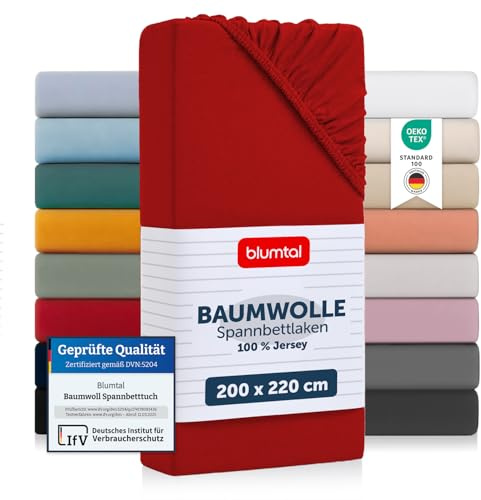 Blumtal® Baumwolle Spannbettlaken 200x220x30cm Basics Jersey im 2er Set - Oeko-TEX zertifiziertes Spannbetttuch 200x220cm - Rot