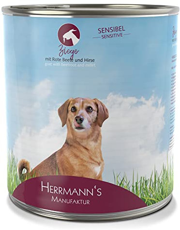 Herrmann´s Manufaktur Ziege für Sensible Hunde - Hundefutter nass mit rote Beete und Hirse - Alleinfuttermittel für Hunde - Gute Verträglichkeit - glutenfrei laktosefrei (6 x 800 g Dose)