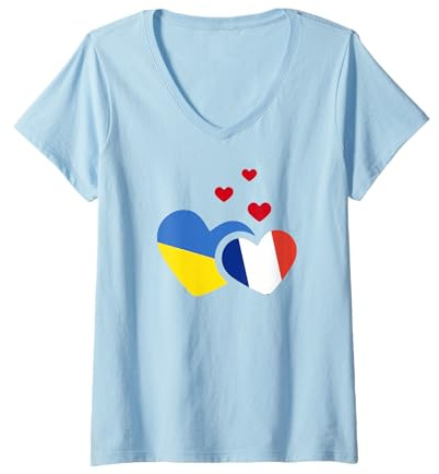 Femme Ukraine France Drapeau dans un coeur T-Shirt avec Col en V