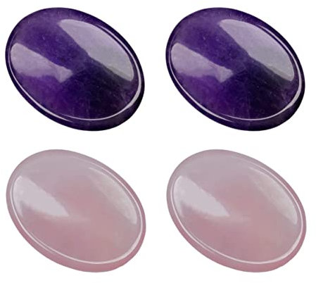 RECKSI Natürliche Daumen-Sorgensteine, Set zur Angstlinderung, Heilung, ovale Edelsteine, Kristall-Taschensteine, Bulk für Stress, Therapie und Entspannung, Amethyst + Rosenquarz, 4 Stück
